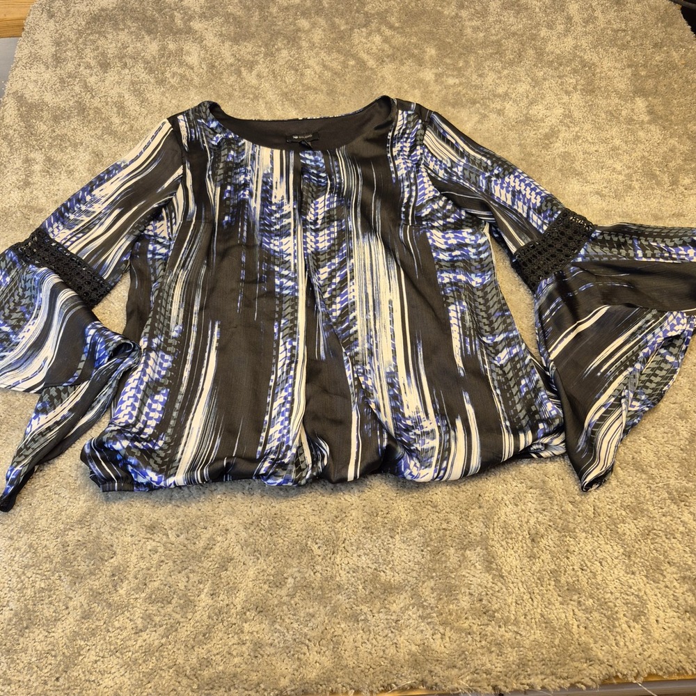 Ab Studio Womens Top Size Large Flare Sleeve Black Blue Boho Whimsigoth Artsy